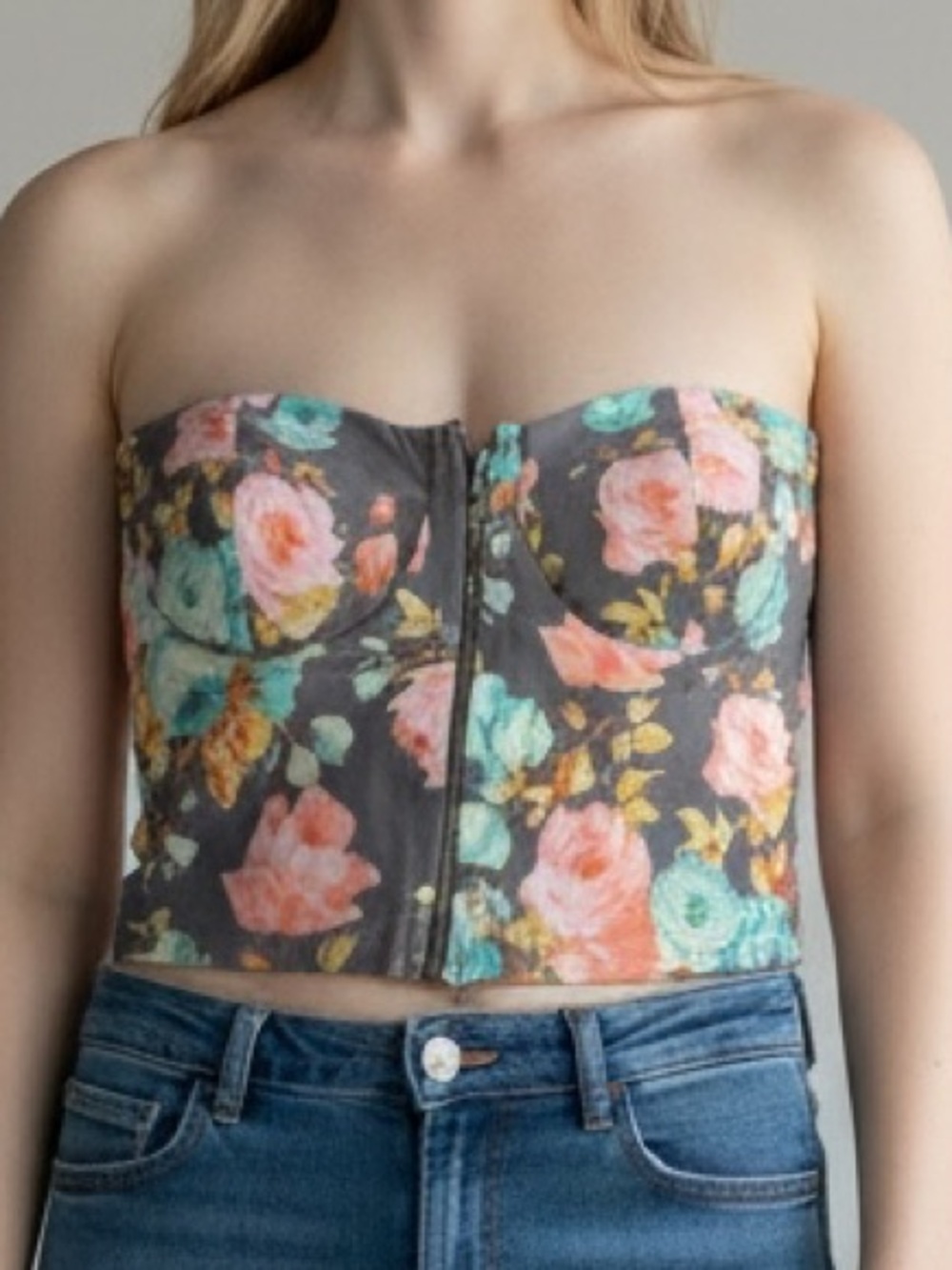 Floral Strapless Zip-Front Bustier Top - Gray with Pink & Teal Blooms